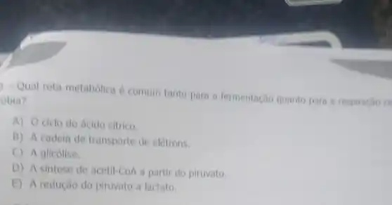 Qual rota metabólica é comum tanto para a fermentação quanto para a respiração ce
obla?
A) 0 diclo do ácido citrico.
B) A cadela de transporte de elétrons.
C) A glicolise.
D) A sintese de acetil-CoA a partir do piruvato.
E) A redução do piruvato a lactato.