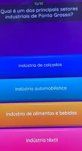 Qual é um dos principais setores
industriais de Ponta Grossa?
Indústria de calcados
Indústria automobilística
Indústria de alimentos e bebidas
Indústria têxtil