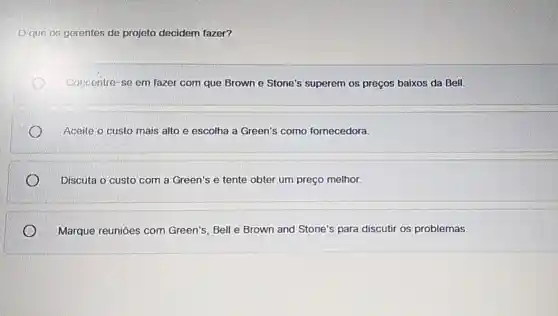 que os gerentes de projeto decidem fazer?
Concentre-se em fazer com que Brown e Stone's superem os preços baixos da Bell.
Aceite o custo mais alto e escolha a Green's como fornecedora.
Discuta o custo com a Green's e tente obter um preço melhor.
Marque reuniōes com Green's, Bell e Brown and Stone's para discutir os problemas.