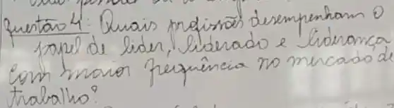 Querta 4: Quais ndirras desempenham 0 rapel de lider, liberado e lideranca com maior frequência no mercado de trabalho?