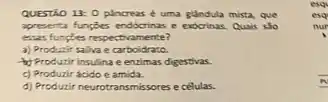 QUESTAO 13: 0 placreas é uma giandula mista, que
apresenta fungses endocrinas e excrinas. Quais sso
esas functes respectivamente?
a) Produzir saliva e carboidrato.
#Producir insulina e enzimas digestivas.
c) Produzir ácido e amida.
d) Produzir neurotransmissores e celulas.
esq
esq
nur