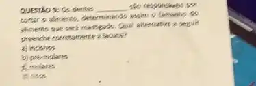 QUESTho 9: Os dentes sob responsbieis por comtar o alimento, determinando asoin o tersentio do preserche coersamerte a lacurse?
a) incisivos
b) prb-molares
f. molares
 Rightarrow isse