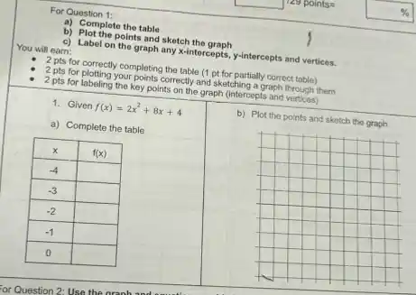 For Question 1:
a) Complete the table
b) Plot the points and sketch the graph
c) Label on the graph any x -intercepts, y -intercepts and vertices.
You will earn:
- 2 pts for correctly completing the table ( 1 pt for partially correct table)
- 2 pts for plotting your points correctly and sketching a graph through them
- 2 pts for labeling the key points on the graph (intercepts and vertices)
1. Given f(x)=2 x^2+8 x+4 
a) Complete the table

 x & f(x) 
-4 & 
-3 & 
-2 & 
-1 & 
 0 & 


b) Plot the points and sketch the graph