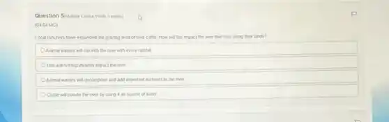 Question 5 (Matple Choke Worth 3 points)
MC)
Local ranchers have expanded the grazing area of their cattle. How will this impact the river that runs along their lands?
Animal wastes will run into the river with every rainfall
This will not significantly impact the river
Animal wastes will decompose and add important nutrients to the river
Cattle will pollute the river by using it as source of water