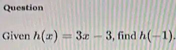 Question
Given h(x)=3x-3 3. find h(-1)