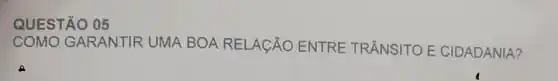 QUESTÃO 05
GARANTIR UMA BOA RELAGÃO ENTRE TRÂNSITO E CIDADANIA?