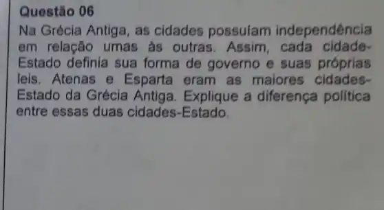 Questão 06
Na Grécia Antiga, as cidades possuíam independência
em relação umas as outras . Assim cidade-
Estado definia sua forma de governo e suas próprias
leis. Atenas e Esparta eram as maiores cidades-
Estado da Grécia Antiga Explique a diferença politica
entre essas duas cidades-I Estado.