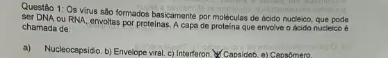 Questão 1: Os vírus são formados basicamente por moléculas de ácido nucleico, que pode
ser DNA ou RNA ,envoltas por proteinas. A capa de proteína que envolve o ácido nucleico é
chamada de:
a) Nucleocapsidio. b)Envelope viral. c)Interferon. Capsidet e) Capsômero.
eobasilelosqes