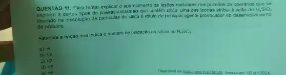 QUESTÃO 11 Para tentar explicar o aparecimento de lesões nodulares nos pulmōes de operários que se
expōem a certos tipos de poeiras industriais que contêm silica, uma das teorias atribui à acão do
H_(4)SiO_(4)
expoem na dissolução de partículas de silica o rótulo de principal agente provocador do desenvolvimento
de nódulos.
Assinale a opção que indica o número de oxidação do silício no
H_(4)SiO_(4)
a) -4
b) +2
C) +2
d) +4
e) +6
Disponivel em:https:// l/abrir.link/DfCXM Acesso em: 09 out 2024