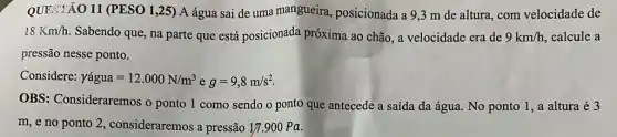 QUESTÃO 11 (PESO 1 ,25) A água sai de uma mangueira posicionada a 9,3 m de altura, com velocidade de
18Km/h Sabendo que, na parte que está posicionada próxima ao chão, a velocidade era de 9km/h , calcule a
pressão nesse ponto.
Considere: yacute (a)gua=12.000N/m^3 e g=9,8m/s^2
OBS: Consideraremos o ponto 1 como sendo o ponto que antecede a saída da água.No ponto 1, a altura é 3
m, e no ponto 2, consideraremos a pressão 17.900Pa