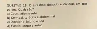 QUESTÃO 15: 0 intestino delgado é dividido em três
partes. Quais são?
a) Ceco, cólone reto
b) Cervical, torácica e abdominal
c) Duodeno, jejuno e ileo
d) Fundo, corpo e antro