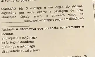 QUESTÃO 16: 0 esôfago é um órgão do sistema
digestório por onde ocorre a passagem do bolo
alimentar.Sendo assim, o alimento vindo da
__
passa pelo esofago e segue em direção ao
__
Assinale a alternativa que preenche corretamente as
lacunas.
a) traqueia e estômago
b) faringe e duodeno
c) faringe e estômago
d) cavidade bucal e ânus