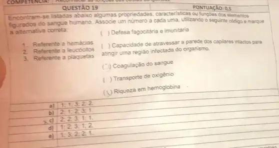 QUESTÃO 19
PONTUAção: 0.5
Encontram-se Istadas abaixo algumas propriedades caracteristicas 0.5
do sangue humano um numero a cada uma utilizando o seguinte comentos a alternativa correta:
1. Referente a hemácias
2. Referente a leucócitos
3. Referente a plaquetas
() Defesa fagocitária e imunitária
(
) Capacidade de atravessar a parede dos capilares intactos para
atingir uma região infectada do organismo.
) Coagulação do sangue
( ) Transporte de oxigênio
(1) Riqueza em hemoglobina
a) 1;1;3;2;2.
b) 2;1;2;3;1.
xc) 2;2;3;1;1
d) 1;2;3;1;2.
e) 1;3;2;2;1.