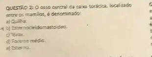 QUESTÃO 2:0 osso central da caira torácica localzado
entre os marrilos, é denominado:
a) Quilha
1 b) Enternocieido mastoideo.
d) Foctine medio.
e) Esterna.