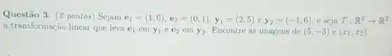 Questão 3. (2 pontos Sejam
e_(1)=(1,0),e_(2)=(0,1),y_(1)=(2,5)ey_(2)=(-1,6) e seja T:R^2arrow R^2
a transformação linear que leva e_(1) em y_(1)e_(2) em y_(2) Encontre as imagens de (5,-3) e (x_(1),x_(2))