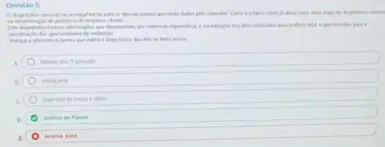 Questão 5
diagnostico consiste no pontapé inicial para os demais passos que serão dados pelo consultor. Como o próprio nome ja deiza claro, essa etapa de diagnostico consist
na determinação do problema da empresa-cliente
Este diagnostico fornece informaçbles que demonstram, por ordem de importancia, a contribuição dos itens analisados para o efeito total, o que contribui para a
classificação das oportunidades de melhorias
Marque a alternativa correta que indica o diagnóstico descrito no texto acima.
Método dos "5 porqués"
Histograma
C.	Diagrama de causa e efeito
D.
Grafico de Pareto
E.	Analise Swot