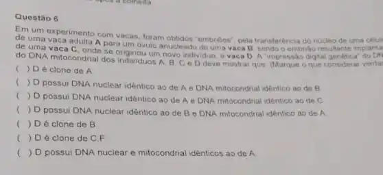 Questão 6
Em um experimento com vacas, foram obtidos "embribes pela transferéncia do núcleo de uma celul
de uma vaca adulta A para um óvulo anucleado de uma vaca B sendo o embriáo resultante implanta
de uma vaca C onde se originou um novo individuo a vaca D. A "impressão digital genetical
do DNA mitocondrial dos individuos A, B, C e D deve mostrar que: (Marque o que considerar verda
genetica
c () D é clone de A
()
D possui DNA nuclear idêntico ao de A e DNA mitocondrial idêntico ao de B
() D possui DNA nuclear idêntico ao de A e DNA mitocondrial idêntico ao de C
() D possui DNA nuclear idêntico ao de B e DNA mitocondrial idêntico ao de A
() D é clone de B
() D é clone de C.F
() D possui DNA nuclear e mitocondrial idénticos ao de A