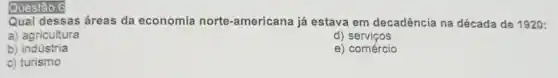 Questão 6
Qual dessas áreas da economia norte -americana já estava em decadência na década de 1920:
a) agricultura
d)servicos
b) indústria
e) comércio
c) turismo