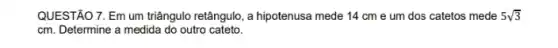 QUESTÃO 7. Em um triângulo retângulo, a hipotenusa mede 14 cm e um dos catetos mede 5sqrt (3)
cm. Determine a medida do outro cateto.