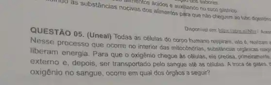 rando as substâncias nocivas dos alimentos para que não cheguem ao tubo digestório
Disponível em:https://abre.ai/iNgn/. Acess
QUESTÃO 05. (Uneal)Todas as células do corpo humano respiram, isto é realizam a
Nesse processo que ocorre no interior das mitocôndrias , substâncias orgânicas reage
liberam energia . Para que o oxigênio chegue às células, ele precisa , primeiramente,
externo e , depois, ser transportado pelo sangue até as células . A troca de gases , o
oxigênio no sangue , ocorre em qual dos órgãos a seguir?