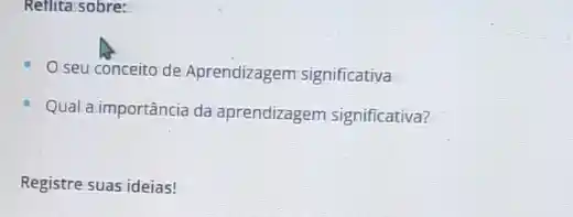 Reflita sobre:
seu conceito de Aprendizagem significativa
Qual a importância da aprendizagem significativa?
Registre suas ideias!