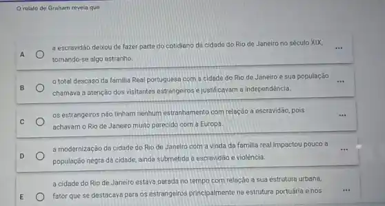 relato de Graham revela que
a escravidão deixou de fazer parte do cotidiano da cidade do Rio de Janeiro no século XIX, __
A
tornando-se algo estranho.
B
total descaso da familia Real portuguesa com a cidade do Rio de Janeiro e sua população
chamava a atenção dos visitantes estrangeiros e justificavam a independência.
C
os estrangeiros não tinham nenhum estranhamento com relação a escravidão , pois	__
achavam o Rio de Janeiro muito parecido com a Europa.
D
a modernização da cidade do Rio de Janelro com a vinda da familia real impactou pouco a
população negra da cidade, ainda submetida à escravidão e violência.
a cidade do Rio de Janeiro estava parada no tempo com relação a sua estrutura urbana,
E	fator que se destacava para os estrangeiros principalmente na estrutura portuária e nos