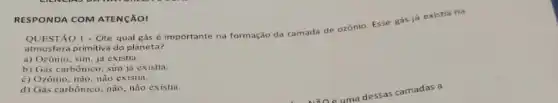 RESPONDA COM ATENGāOI
QUESTÃO I - Cite qual gás é importante na formação da camada de ozónio. Esse gás lá existia na
atmosfera primitiva do planeta?
a) Ozônio; sim, ja existia.
b) Gás carbônico; sim já existia.
c) Ozônio; não, não existia.
d) Gás carbônico; não nào existia.