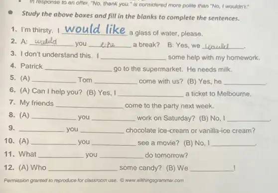 - In response to an offer, "No, thank you "is considered more polite than "No, I wouldn't."
Study the above boxes and fill in the blanks to complete the sentences.
1. I'm thirsty. I __
a glass of water please.
2. A: __
you __ a break? B: Yes, we __
3. I don't understand this. I __ some help with my homework.
4. Patrick __ go to the supermarket He needs milk.
5. (A) __ Tom __ come with us? (B)Yes,he __
6. (A) Can I help you? (B) Yes, I __ a ticket to Melbourne.
7. My friends __
come to the party next week.
8. (A) __ you __ work on Saturday? (B)No, I __
9. __ you __ chocolate ice-cream or vanilla-ice cream?
10.(A) __ you __ see a movie? (B)No, I __
11.What __ you __ do tomorrow?
12.(A) Who __ some candy? (B) We __ I
Permission granted to reproduce for classroom use.www.allthingsgrammar.com