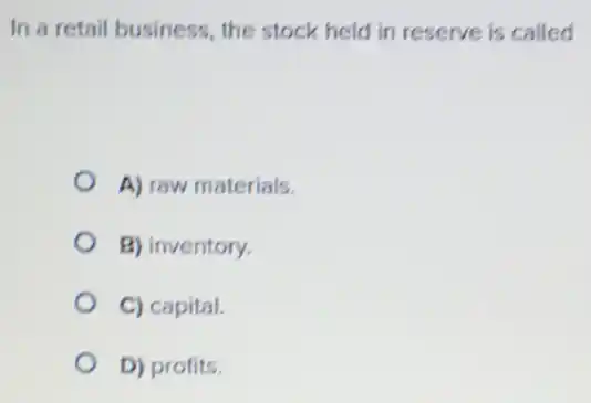 In a retail business the stock held in reserve is called
A) raw materials.
B) inventory.
C) capital.
D) profits.