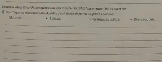 Retome o infográfico "As conquistas da Constituição de 1988'' para responder às questões.
a) Identifique as mudanças introduzidas pela Constituição nos seguintes campos:
- Educação.
Cultura.
- Participação politica.
__