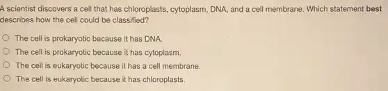 A scientist discovers' a cell that has chloroplasts , cytoplasm, DNA, and a cell membrane. Which statement best
describes how the cell could be classified?
The cell is prokaryotic because it has DNA.
The cell is prokaryotic because it has cytoplasm.
The cell is eukaryotic because it has a cell membrane.
The cell is eukaryotic because it has chloroplasts.