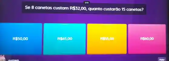 Se 8 canetas custam R 32,00, quanto custarão 15 canetas?
R 50,00
R 65,00
R55,00
R 60,00