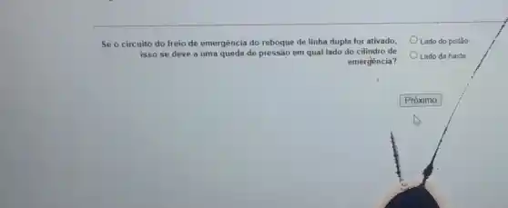 Se o circuito do freio de emergência do reboque de linha dupla for ativado,
isso se deve a uma queda de pressão em qual lado do cilindro de
emergencia?
Lado do pistão
Lado da haste
square