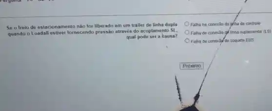 Se o freio de estacionamento não for liberado em um trailer de linha dupla
quando o Loadall estiver fornecendo pressão através do acoplamento SL,
qual pode ser a causa?
Falha na conexão da lina de controle
Falha de conexão dé linha suplementar (LS)
Falha de conexâg'do soquete EBS