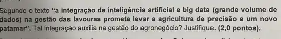 Segundo o texto"a integração de inteligência artificial e big data (grande volume de
dados) na gestão das lavouras promete levar a agricultura de precisão a um novo
patamar". Tal integração auxilia na gestão do agronegócio'? Justifique. (2 ,0 pontos).