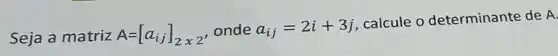 Seja a matriz A=[a_(ij)]_(2times 2) onde a_(ij)=2i+3j
calcule o determinante de A.