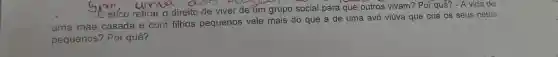 Sictico retirard direito de viver de um grupo social para que outros vivam? Por quê? - A vida de
uma mãe casada e com filhos pequenos vale mais do que a de uma avó viúva que cria os seus netos
pequenos? Por quê?