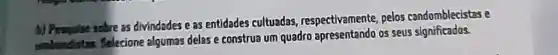 sobre as divindades e as entidades cultuadas respectivamente, pelos candomblecistas e
umbendistas Selecione algumas delas e construa um quadro os seus significados.