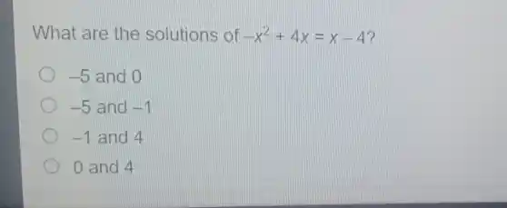 What are the solutions of -x^2+4x=x-4
-5 and o
-5 and -1
-1 and 4
0 and 4