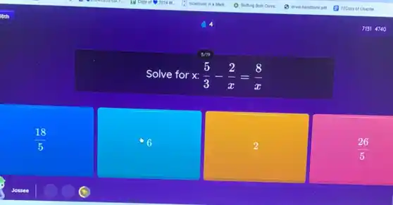 Solve for x: (5)/(3)-(2)/(x)=(8)/(x)
6
square 
(26)/(5)