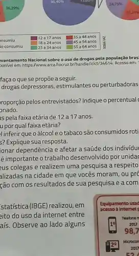 square 
square  135 a 44 anos
square 
square 
square 
square 
evantamento Nacional sobre o uso de drogas pela população bras
oonivel em: https://www.arca.fiocruz.br/handle /licict/34614. Acesso em:
faça o que se propōe a seguir.
drogas depressoras , estimulantes ou perturbadoras
roporção pelos entrevistados Indique o percentual
onado.
is pela faixa etária de 12 a 17 anos.
u por qual faixa etária?
l inferir que o alcoole o tabaco são consumidos roti
5? Explique sua resposta.
ionar dependência e afetar a saúde dos individu
é importante o trabalho desenvolvido por unidac
us colegas e realizem uma pesquisa a respeito
alizadas na cidade em que vocês moram, ou pro
ção com os resultados de sua pesquisa e a com
statistica(IBGE ) realizou, em
eito do uso da internet entre
ais. Observe ao lado alguns