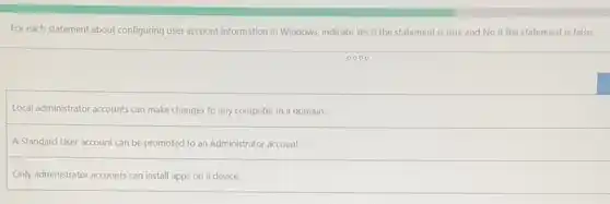 For each statement about configuring user account information in Windows, indicate Yes if the statement is true and No if the statement is false.
Local administrator accounts can make changes to any computer in a domain.
A Standard User account can be promoted to an Administrator account.
Only administrator accounts can install apps on a device.