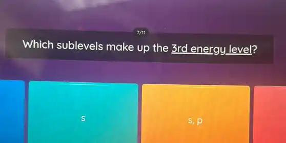 Which sublevels make up the 3rd energy level?
s
s,p