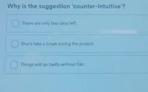 Why is the suggestion 'counter-intuitive"?
There are only two days left.
She'd take a break during the project.
Things will go badly without her.