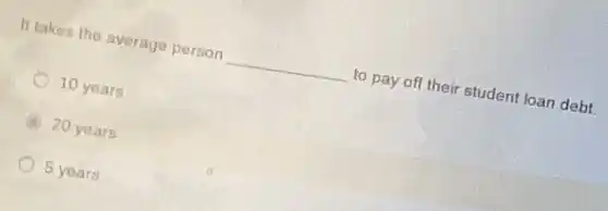 It takes the average person
__
to pay off their student loan debt.
10 years
20 years
5 years