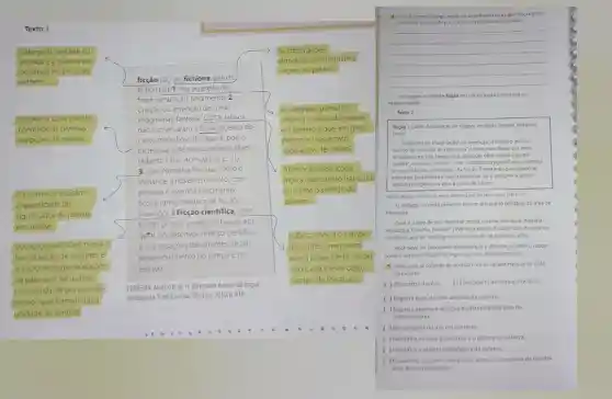 Texto 1
Cabeça do verbete ou
entrada é a palavra em
destaque no inicio do
verbete.
Verbete é todo o texto
contendo as diversas
acepçōes da palavra.
Os números indicam
a quantidade de
significados da palavra
em análise
Locução: esse icone marca
fim da seção de verbetes e
inicio de outras acepçóes
da palavra. A locução é
constitulda de um ou mais
termos que formam uma
unidade de sentido
ficção [Do lat. fictione pelo fr.
fiction] S.f 1. Ato ou efeito de
fingir; simulação, fingimento. 2
Criação ou invenção de coisas
imaginanas, fantasia, [IPOs latinos
nào conservaram a ficção poética do
canto melodioso da cigarra pois o
increpavam de rouco, desagradável
(Alberto Faria, Acendalhas, p 71)
3. Liter. Narrativa literaria como o
romance, a novela e o conto, com
pessoas e eventos imaginários.
ficcionismo, literatura de ficção
(losango) #Ficção cientifica Liter
Ficção (3) cujo enredo se baseia, em
getal, no desenvolvimento cientifico
e nas situaçōes decorrentes de tal
desenvolvimento no tempo e no
espace
FERREIRA. Aurétio B. de H. Dicionário Aurelio da lingua
portuguesa 5. ed. Curitiba: Positivo 2010.p. 939.
As informaçóes
etimológicas informam a
origem da palavra.
A categoria gramatical
informa a classe da palavra
e o genero a que, em geral,
pertence (nesse caso,
substantivo feminino)
Abonação: esse icone
indica que o texto transcrito
confirma o sentido da
palavra
Rubrica: indica o campo
do conhecimento em
que a palavra está sendo
explicada (nesse caso, 0
campo da literatura)
4. Com o mesmo colegs avalie as semelhancase asdiferencas entre
__
verbete elaborado por voces e overbete de dicionino.
Leia, agora, o verbete ficção em um dicionario tematico ou
especializado.
Texto 2
ficção-Latim fictione(m), de fingere, modelar, compor, imaginar,
fingir
Sinonimo de imaginação"ou invenção", encerra o proprio
nicleo do conceito de Literatura": literatura é ficção por meio
da palavra escrita. Nesse caso, qualquer obra literaria (conto".
novela", romance", someto", ode"comédia", tragedia", etc) constitut
a expressào dos conteudos"da ficção. Entretanto, o vocabulo se
emprega. costumein e restritivamen e, para designar a prosa"
Uteraria em geral, ou seja, a prosa de ficção
Sao Paula: Cultra, 199?p. 119.
verbete lido esta presente em um dicionario tematico da area de
literatura.
Qual e a ared de seu interesse: moda cinema, literatura, filosofia,
psicologia, flosofia, historia? Diversos campos do saber têm dicionarios
tematicos.que se restringem a uma seleçǎo de conceitos afins.
Voce deve ter percebido semeihancas e diferenças entre D modo
como o verbete "ficção foi registrado nos dois dicionarios.
5. Relacione as colunas de acordo com as caracteristicas de cada
dicionário
(1) Dicionário Aurélio
(2) Dicionário de termos literários
( ) Registra mais de uma acepção da palavra.
( ) Registra apenas a acepcao de determinada area do
conhecimento.
( ) Da exemplos do uso em contexto.
( ) Identifica aclasse gramatical o genero da palavra.
( ) Identifica a origem etimológica da palavra.
( ) Estabelece relacoes com outros termos e conceltos da mesma
drea do conhecimento