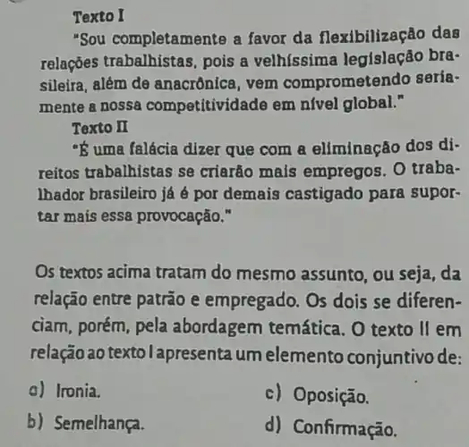 Texto I
"Sou completamer te a favor da flexibilização das
relações trabalhistas pois a velhíssima legislação bra-
sileira, além de anacrônica, vem comprome endo seria-
mente a nossa competitividade em nivel global."
Texto II
"8 uma falácia dizer que com a eliminação dos di-
reitos trabalhistas se criarão mais empregos. O traba-
Ihador brasileiro já é por demais castigado para supor-
tar mais essa provocação."
Os textos acima tratam do mesmo assunto, ou seja, da
relação entre patrão e empregado. Os dois se diferen-
ciam, porém, pela abordagem temática. O texto II em
relação ao texto lapresenta um elemento conjuntivo de:
a) Ironia.
c) Oposição.
b) Semelhança.
d)Confirmação.