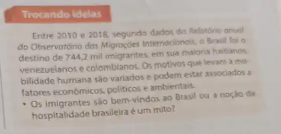 Trocando ideias
Entre 2010 e 2018 segundo dados do Relatório anual
do Observatório das Migrações Internacionalis, 0 Brasil for o
destino de 744 ,2 mil imigrantes, em sua maioria haitianos
venezuelanos e colombianos. Os motivos que levam à mo
bilidade humana são variados e podem estar associados a
fatores econômicos politicos e ambientais.
- Os imigrantes são bem vindos ao Brasil ou a noçáo da
hospitalidade brasileira é um mito?