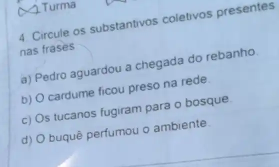 Turma
4. Circule os substantivos coletivos oresentes
nas frases
a) Pedro aguardou a chegada do rebanno.
b)
cardume ficou preso na rede
c)
s tucanos fugiram para o bos que.
d)
buquê perfumou o ambiente.