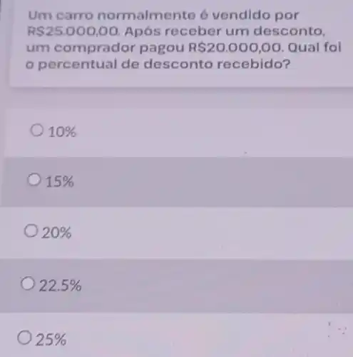 Um carro normalmente é vendido por
R 25.000,00 Após receber um desconto,
um comprador pagou R 20.000,00 Qual foi
percentual de desconto recebido?
10% 
15% 
20% 
22.5% 
25%